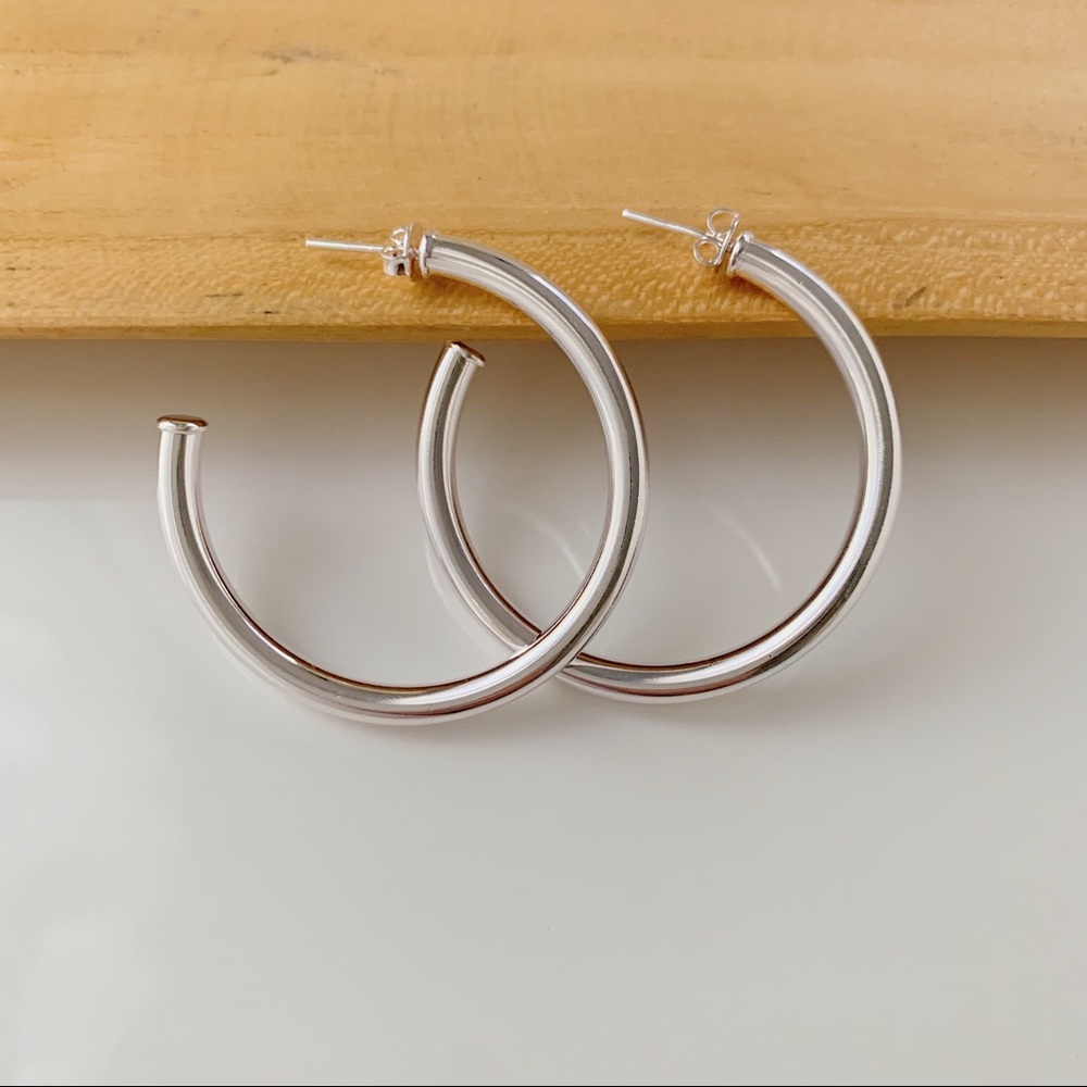 Silver Tube Hoops | 18k White Gold Filled - Picture 2 of 5